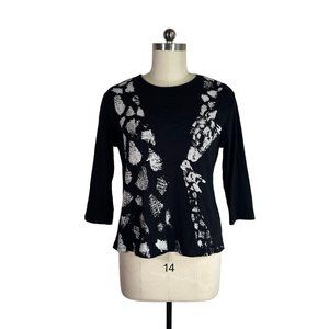 jess & jane artsy giraffe print top XL 100% cotton knit shirt art boho black USA
